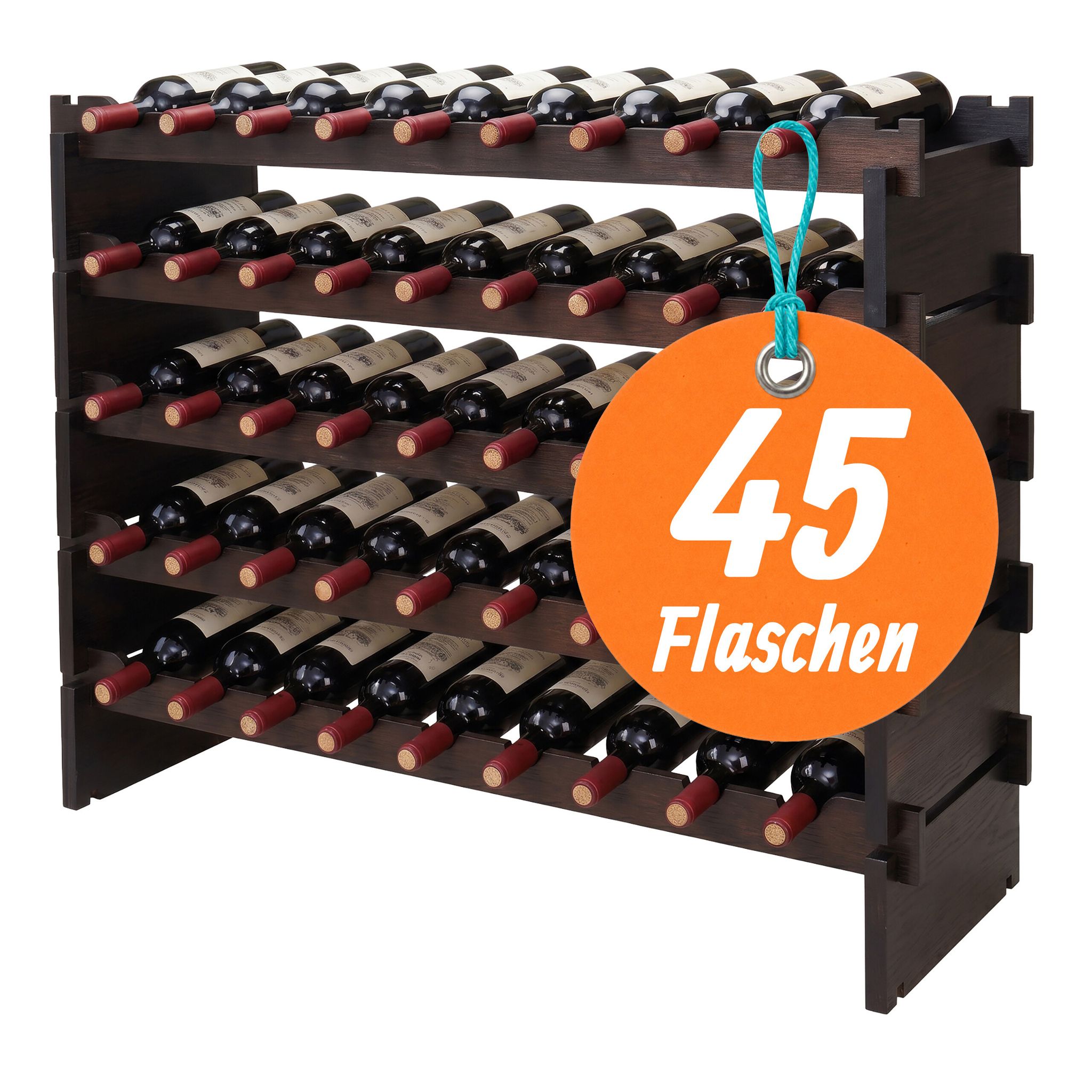 Relaxdays Weinregal, 45 Flaschen, Bambus, Hxbxt: 68 X 85 X 25,5 Cm, Rot- & Weißwein, Stapelbares Flaschenregal, Braun