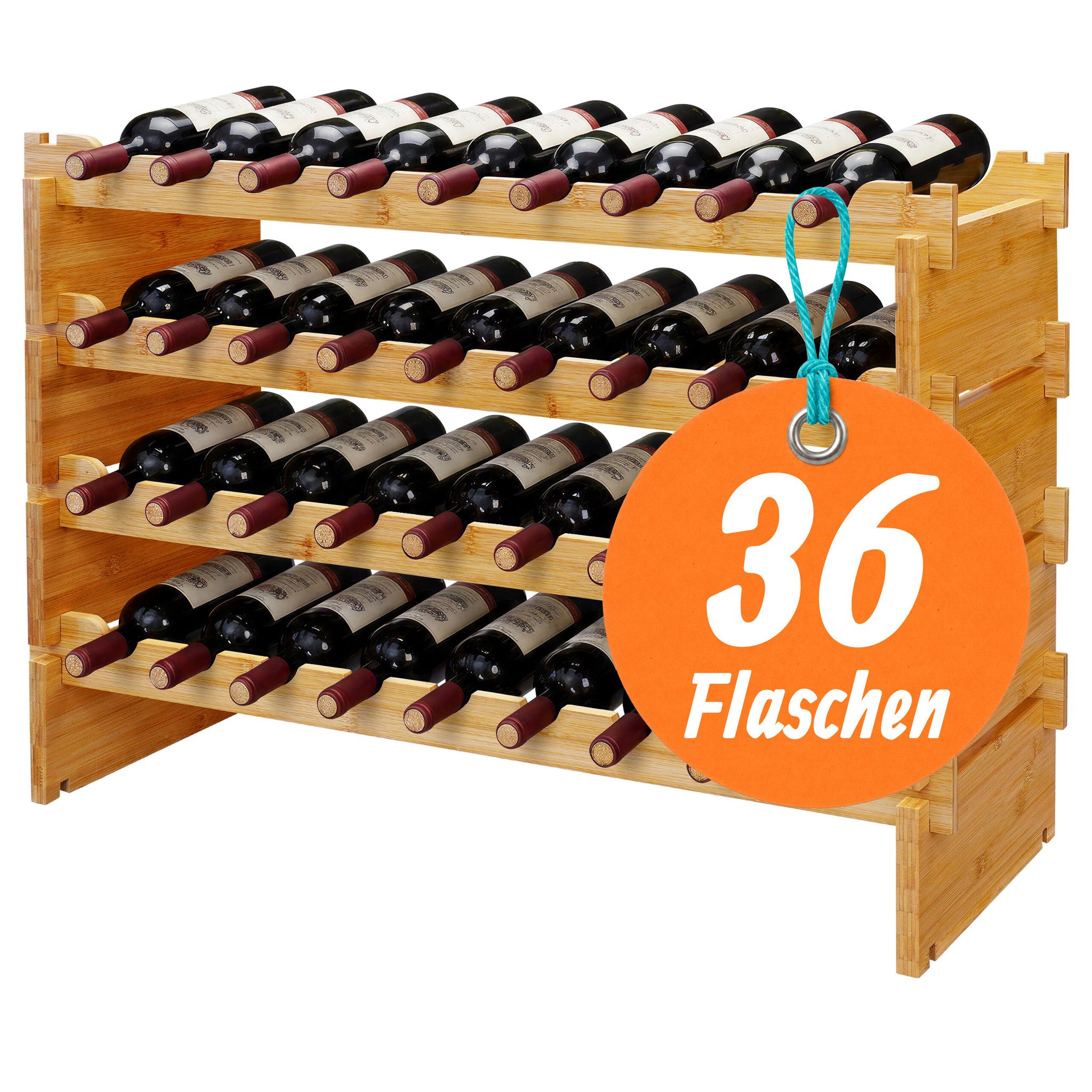 Relaxdays Weinregal, 36 Flaschen, Bambus, Hxbxt: 55 X 85 X 25,5 Cm, Rot- & Weißwein, Stapelbares Flaschenregal, Natur