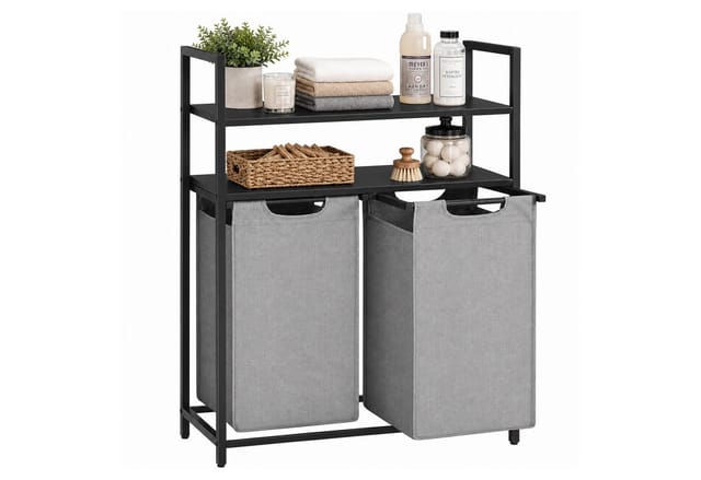 Relaxdays Wäschekorb Mit Ablagen, 2 Ausziehbare Wäschesammler, Je 46 Liter, Stoff, Hxbxt: 93 X 73 X 33 Cm, Schwarz/grau