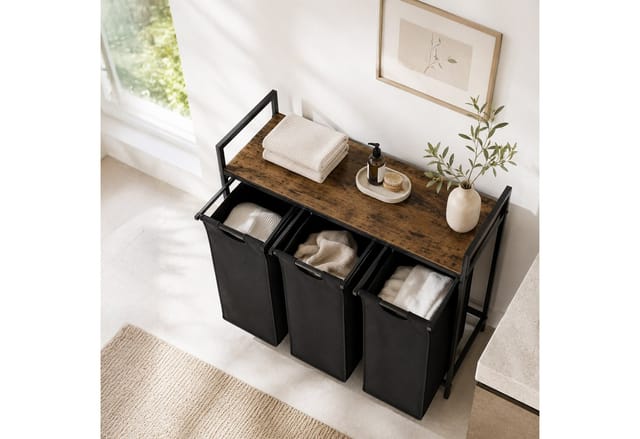 Relaxdays Wäschekorb Mit Ablage, 3 Ausziehbare Wäschesammler, Je 40 Liter, Stoff, Hbt: 73 X 92,5 X 33 Cm, Braun/schwarz