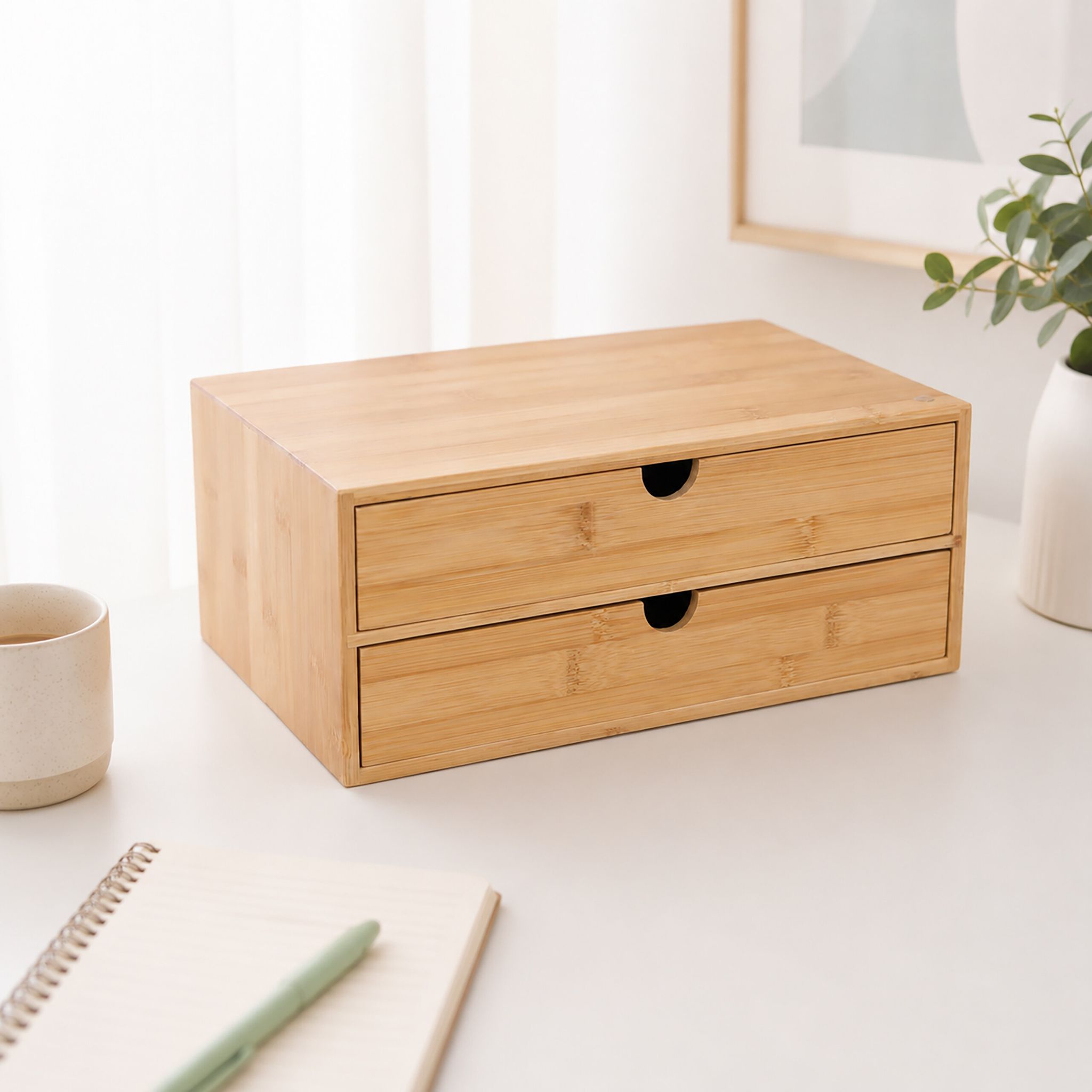 Relaxdays Schubladenbox, Bambus, 2 Schubladen, Büro & Home Office, Hbt: 13,5 X 33 X 21 Cm, Schreibtisch Organizer, Natur