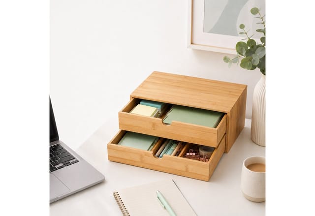 Relaxdays Schubladenbox, Bambus, 2 Schubladen, Büro & Home Office, Hbt: 13,5 X 33 X 21 Cm, Schreibtisch Organizer, Natur