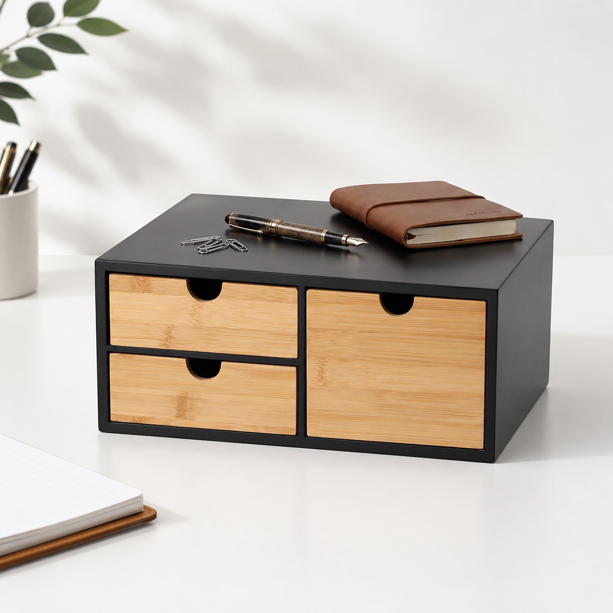 Relaxdays Schubladenbox, Bambus & Mdf, 3 Schubladen, H X B X T: 13,5 X 33 X 21 Cm, Schreibtisch Organizer, Schwarz/natur