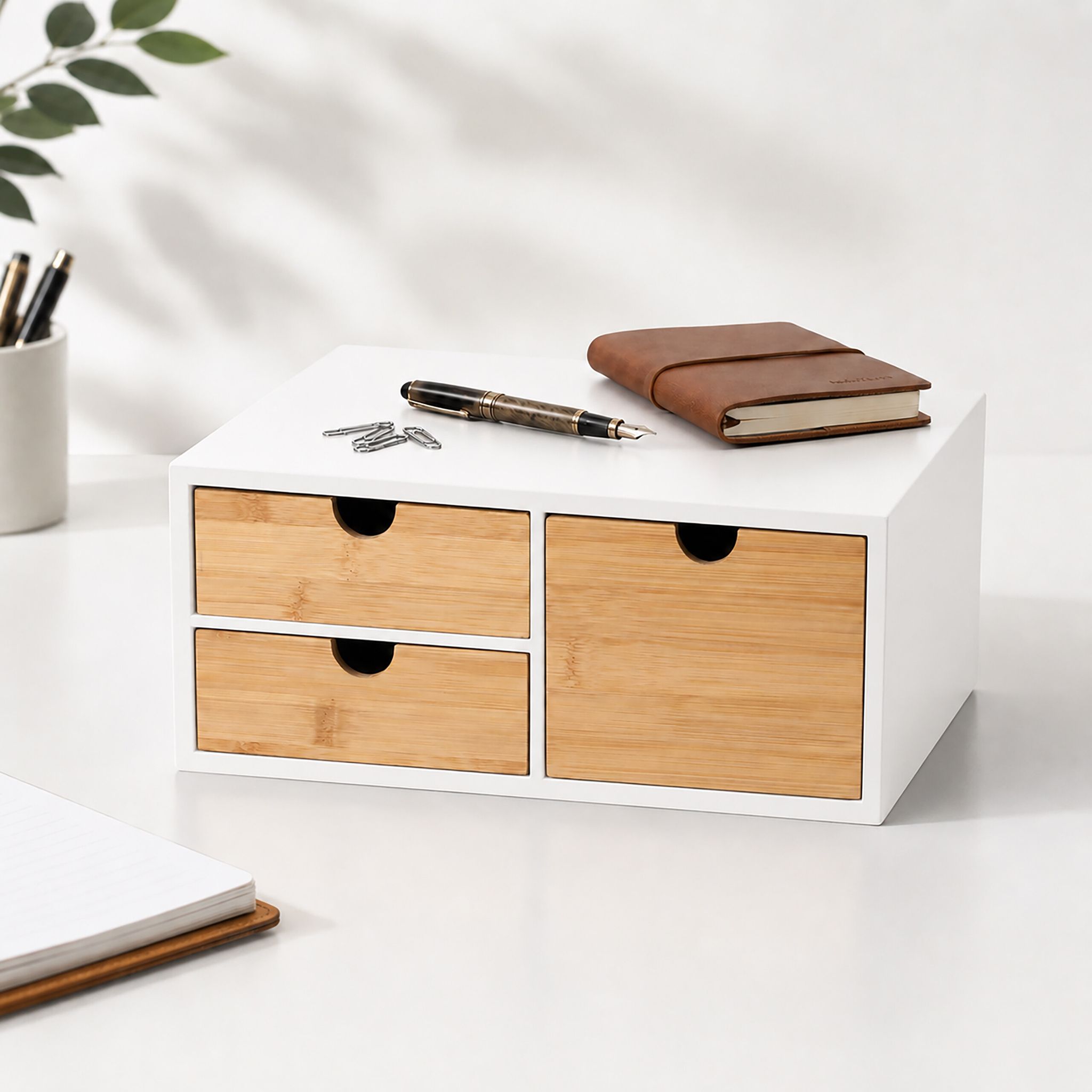 Relaxdays Schubladenbox, Bambus & Mdf, 3 Schubladen, H X B X T: 13,5 X 33 X 21 Cm, Schreibtisch Organizer, Weiß/natur
