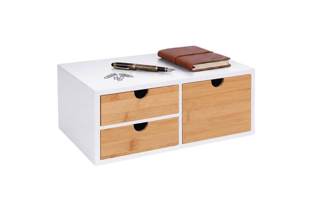 Relaxdays Schubladenbox, Bambus & Mdf, 3 Schubladen, H X B X T: 13,5 X 33 X 21 Cm, Schreibtisch Organizer, Weiß/natur