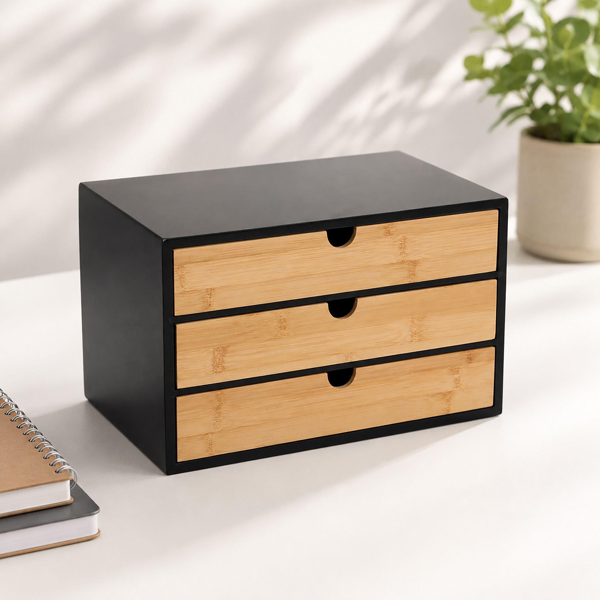 Relaxdays Schubladenbox, Bambus & Mdf, 3 Schubladen, H X B X T: 20 X 33 X 21 Cm, Schreibtisch Organizer, Schwarz/natur