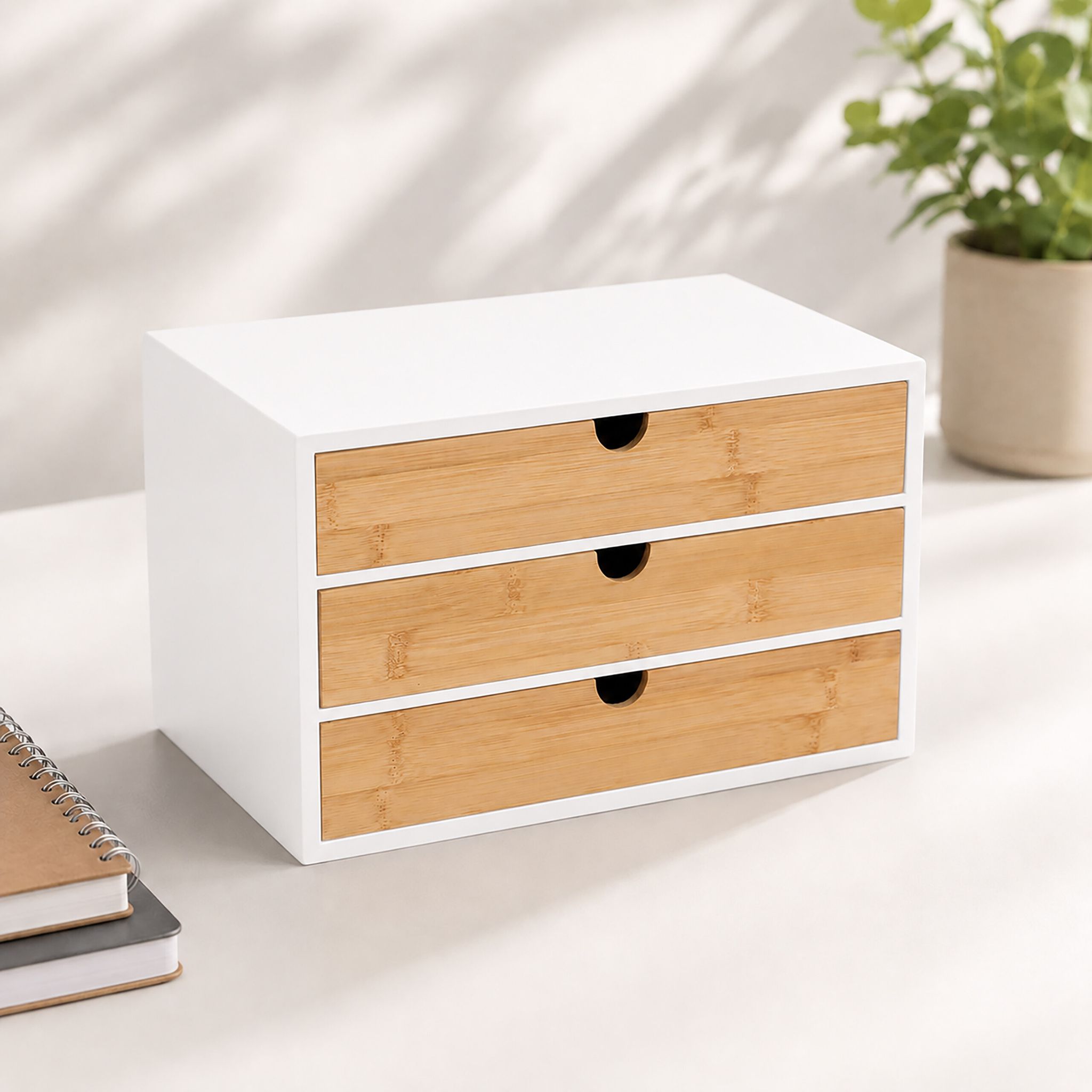 Relaxdays Schubladenbox, Bambus & Mdf, 3 Schubladen, H X B X T: 20 X 33 X 21 Cm, Schreibtisch Organizer, Weiß/natur