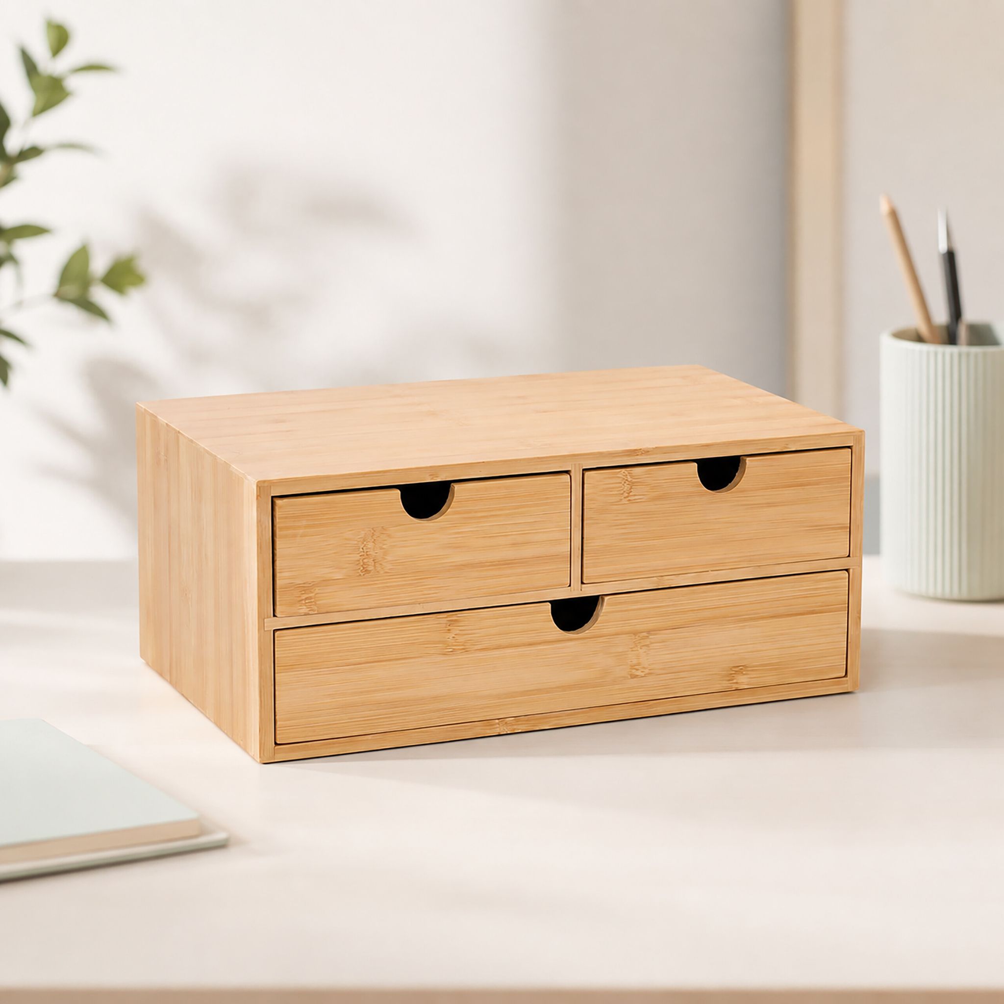 Relaxdays Schubladenbox, Bambus, 3 Schubladen, Büro & Home Office, Hbt: 13,5 X 33 X 21 Cm, Schreibtisch Organizer, Natur