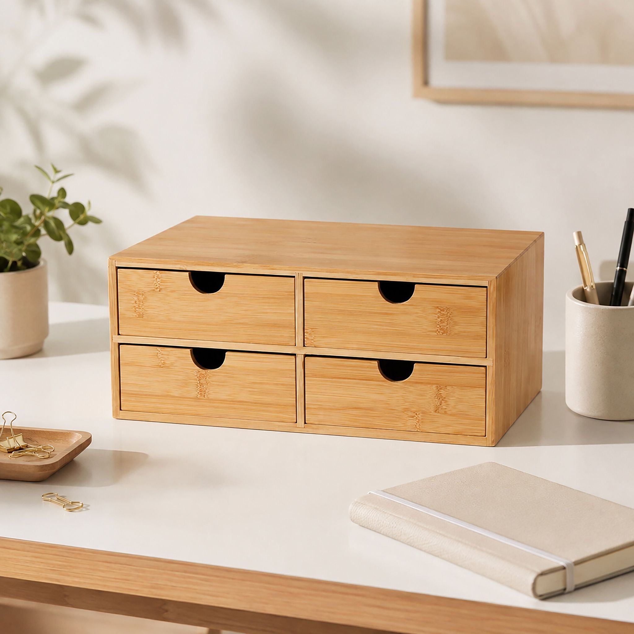 Relaxdays Schubladenbox, Bambus, 4 Schubladen, Büro & Home Office, Hbt: 13,5 X 33 X 21 Cm, Schreibtisch Organizer, Natur