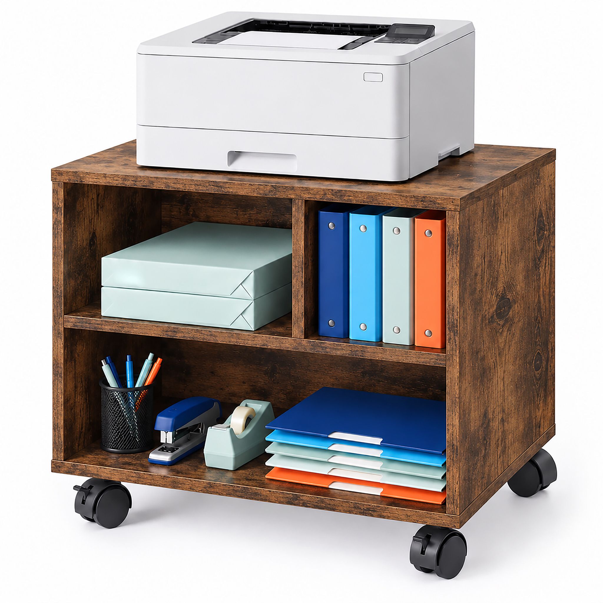 Relaxdays Druckerständer Schreibtisch, Mit Rollen, 3 Fächer, Regal Für Drucker, Druckerhalter, Hbt: 35x30x40 Cm, Braun