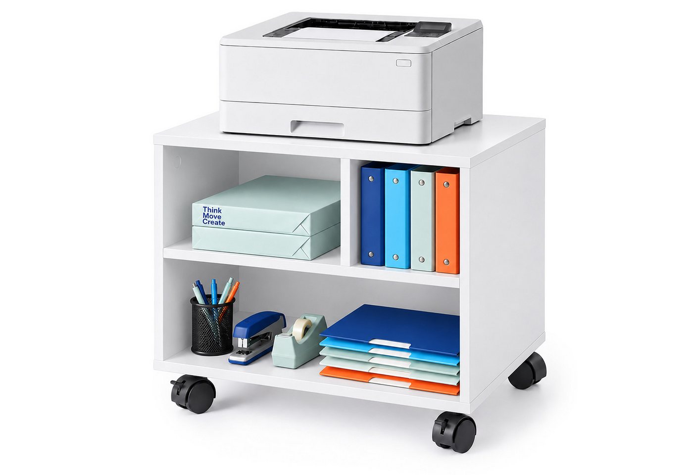 Relaxdays Druckerständer Schreibtisch, Mit Rollen, 3 Fächer, Regal Für Drucker, Druckerhalter, Hbt: 35x30x40 Cm, Weiß