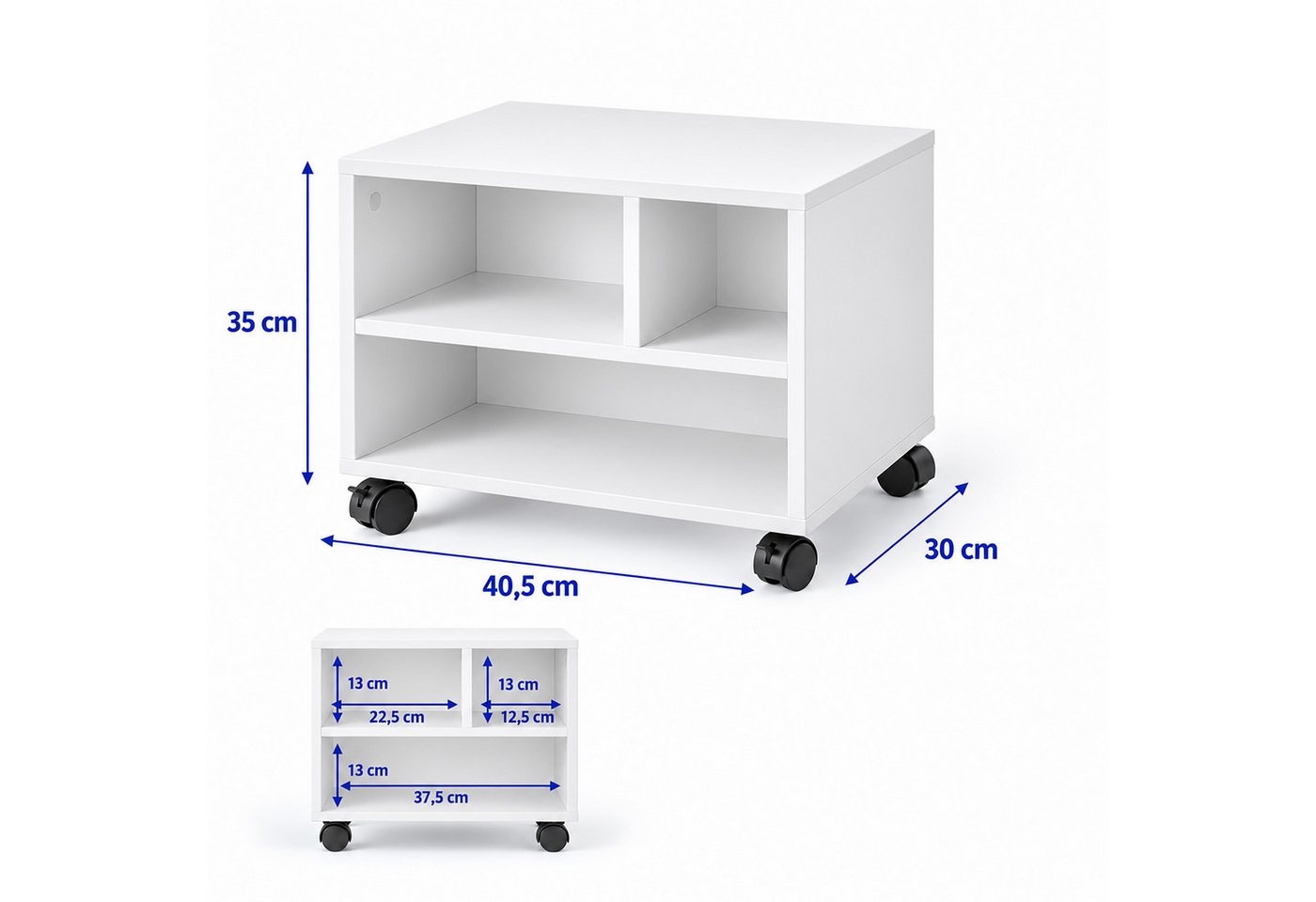 Relaxdays Druckerständer Schreibtisch, Mit Rollen, 3 Fächer, Regal Für Drucker, Druckerhalter, Hbt: 35x30x40 Cm, Weiß Bild 2
