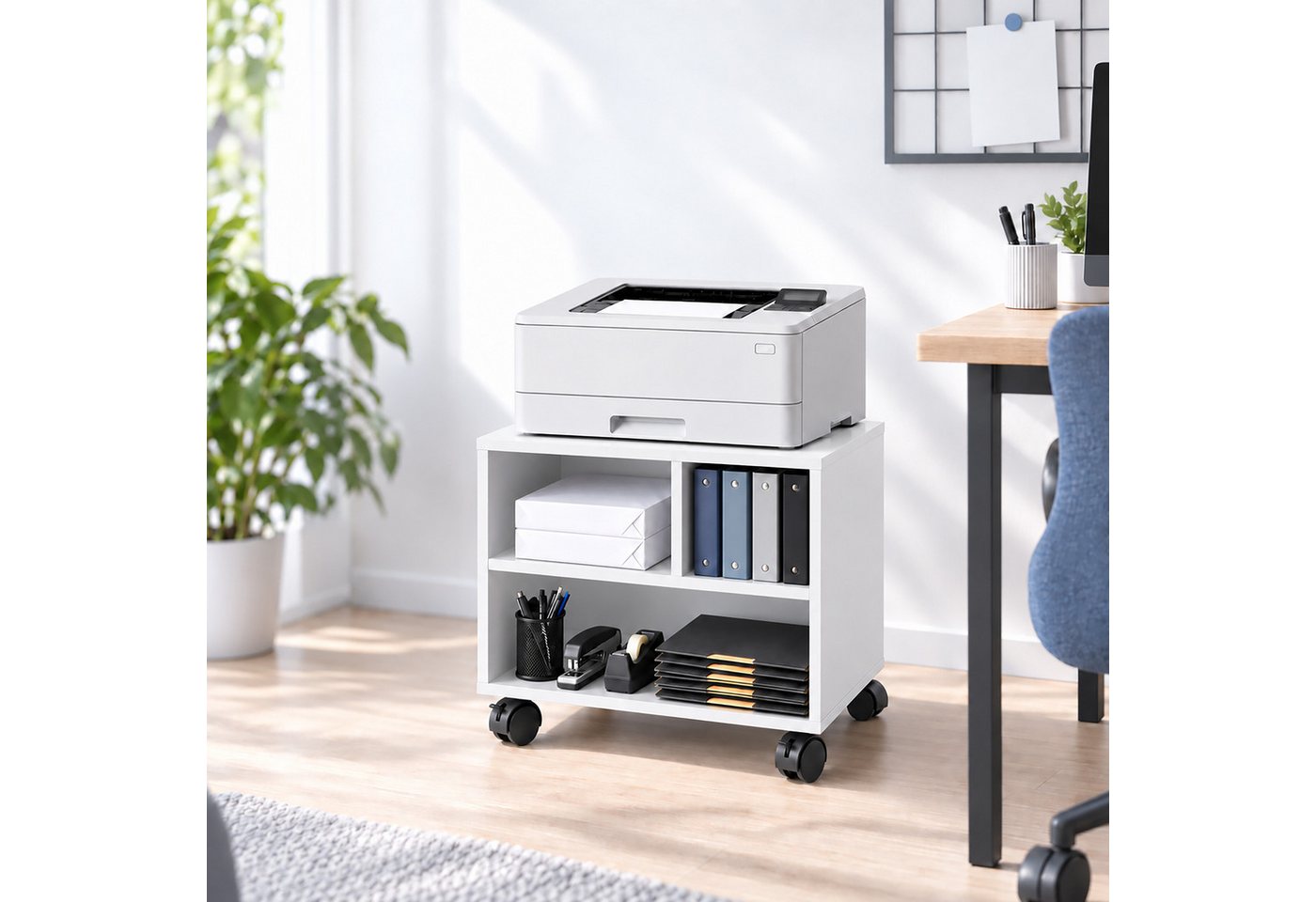 Relaxdays Druckerständer Schreibtisch, Mit Rollen, 3 Fächer, Regal Für Drucker, Druckerhalter, Hbt: 35x30x40 Cm, Weiß Bild 3