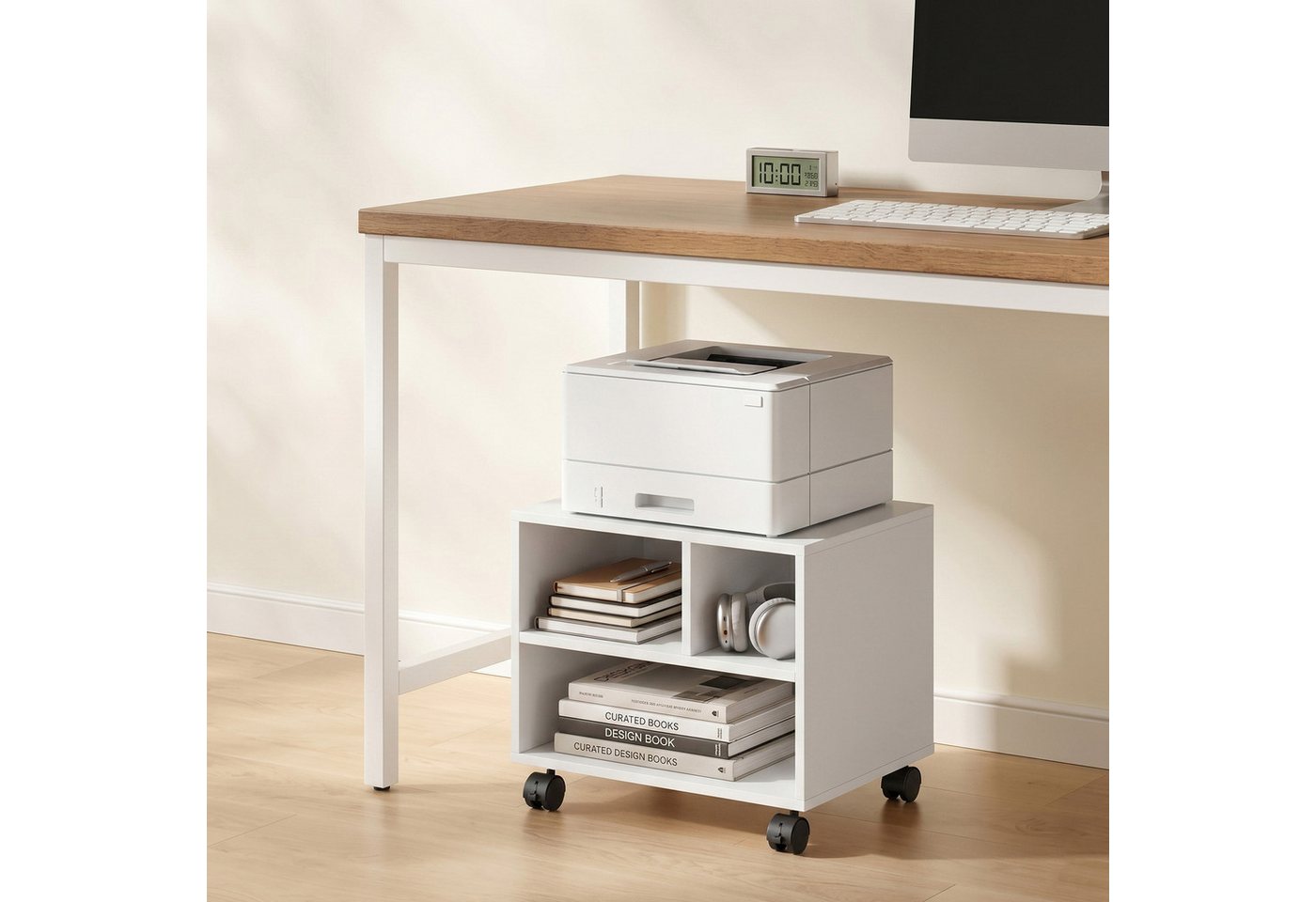 Relaxdays Druckerständer Schreibtisch, Mit Rollen, 3 Fächer, Regal Für Drucker, Druckerhalter, Hbt: 35x30x40 Cm, Weiß Bild 5