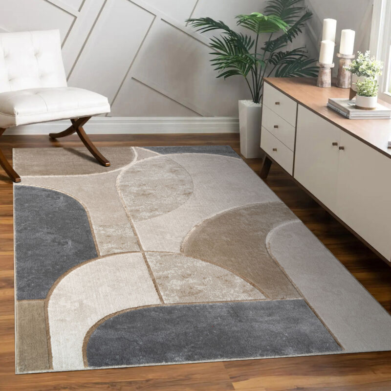 Geometrischer, Kurzgemusterter Wohnzimmerteppich, Bogendesign, Abstraktes Grau-beige, 80 X 150 Cm