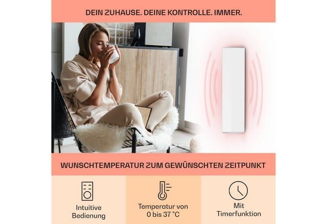 Klarstein Wonderwall 30 Infrarotheizung Wandinstallation 30x100 cm 300 W Wochentimer IP24 Weiß