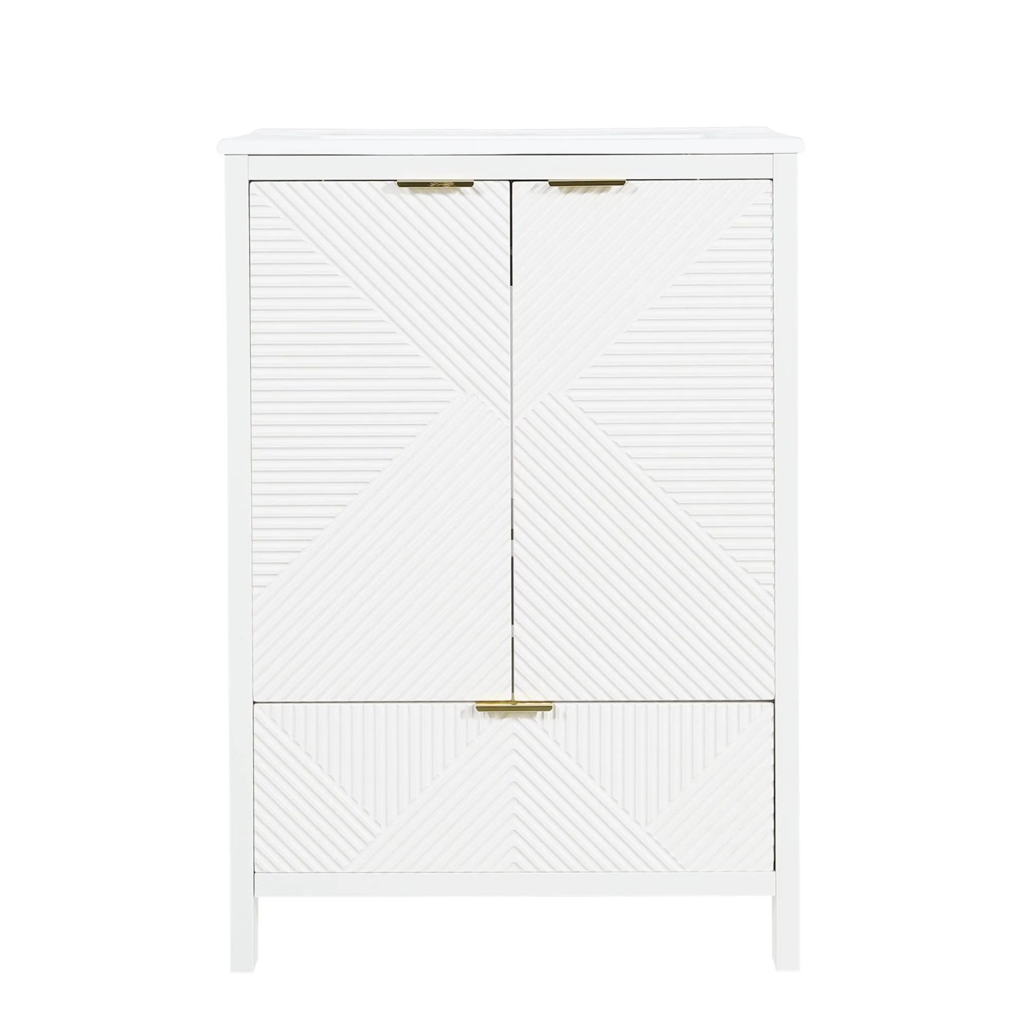 Merax Badezimmerschrank 61 cm Weiß Keramikbecken Wellenmuster Schubladen