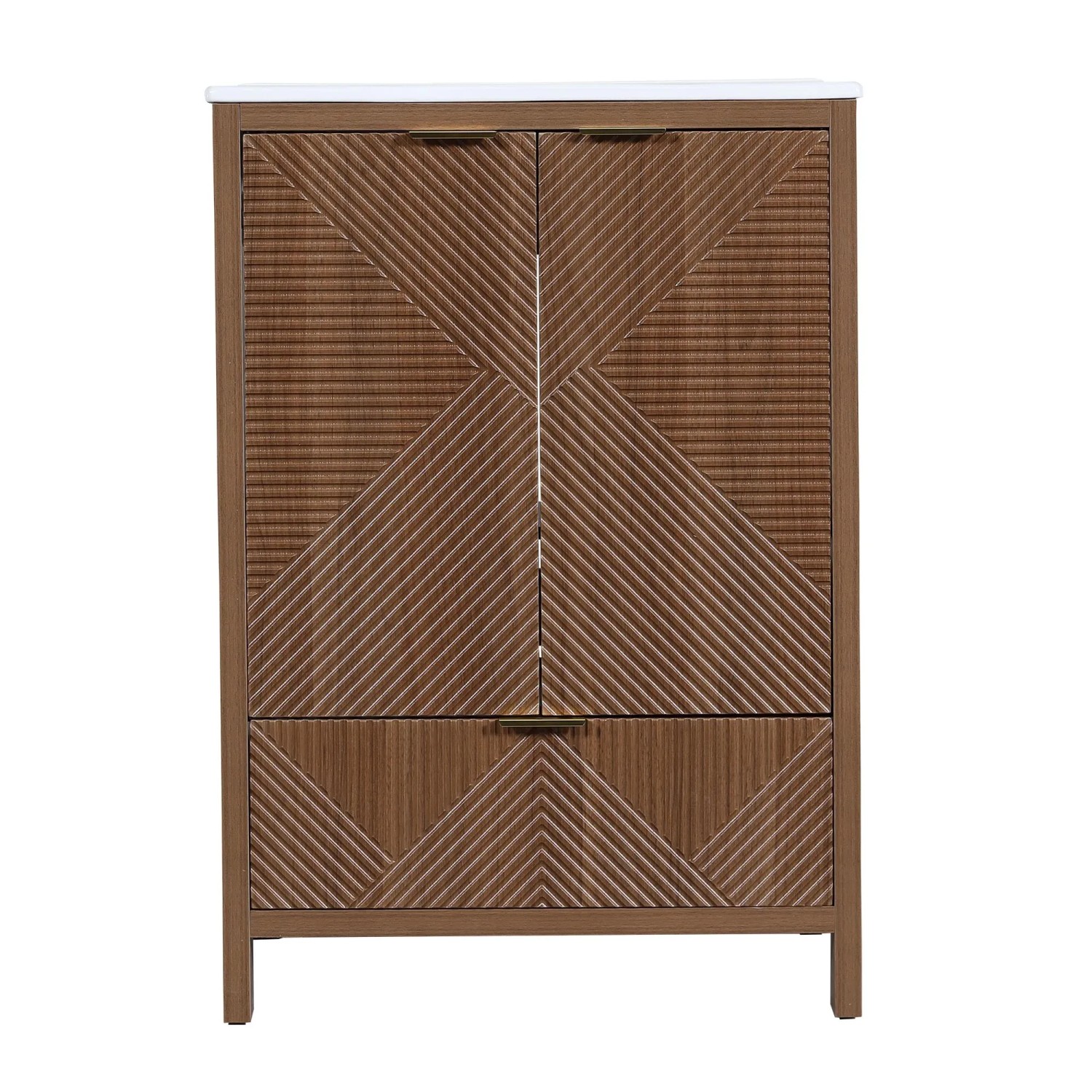 Merax Badezimmerschrank 61 cm Walnuss Keramikbecken Wellenmuster Schubladen