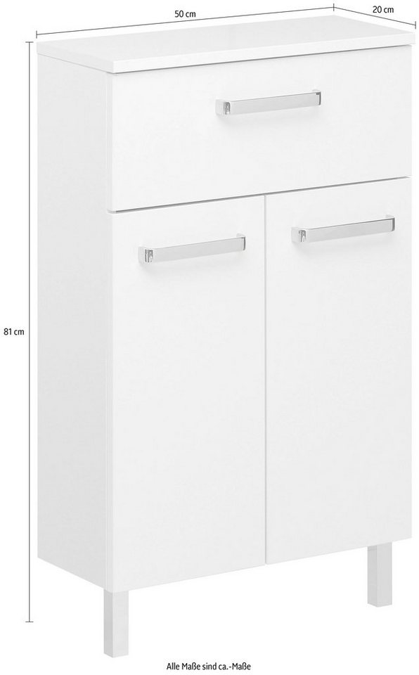 Saphir Unterschrank Quickset Badschrank mit 2 Türen, 1 Schublade, 50 cm breit Badezimmer-Unterschrank inkl. Türdämpfer, Griffe in Chrom Glanz