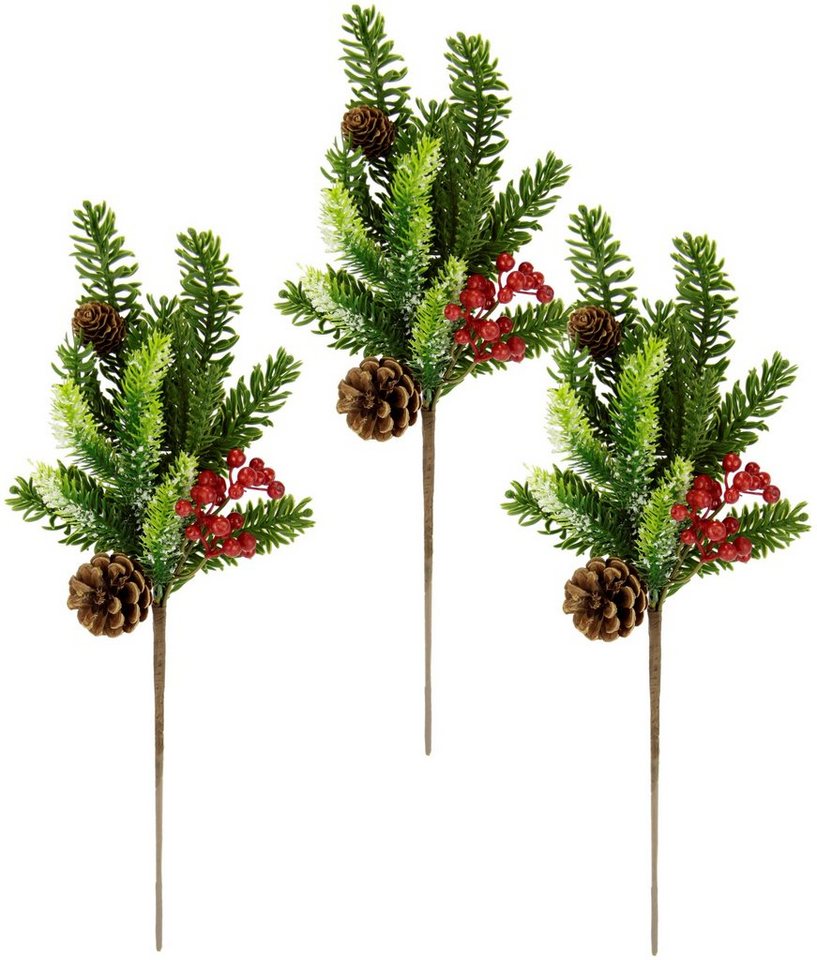 Winterliche Kunstpflanze Kunstzweig, Weihnachtsdeko Tannenzweig, I.GE.A., Höhe 45 cm, mit echten Zapfen und Beeren, 3er Set, grün, rot, natur Bild 2