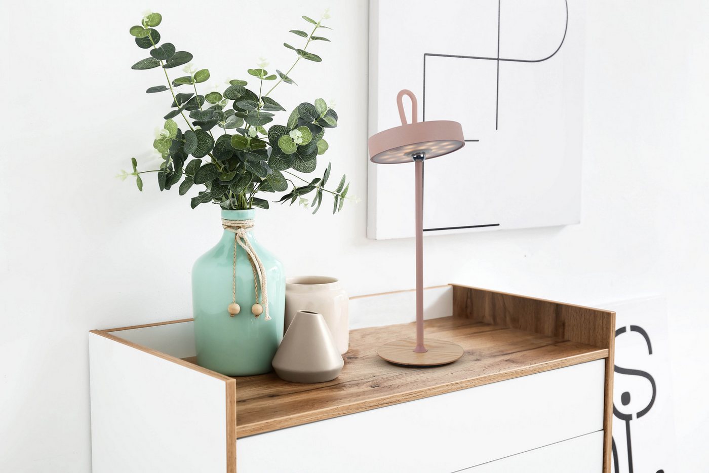 OTTO home LED Tischleuchte Ellvra mit Holzfuß, abnehmbares Kopfteil als Hängeleuchte verwendbar, Dimmfunktion, LED fest integriert, Warmweiß, aufladbar, inkl Akku + USB Kabel, Kopfteil magnetisch, abnehmbar, Holz