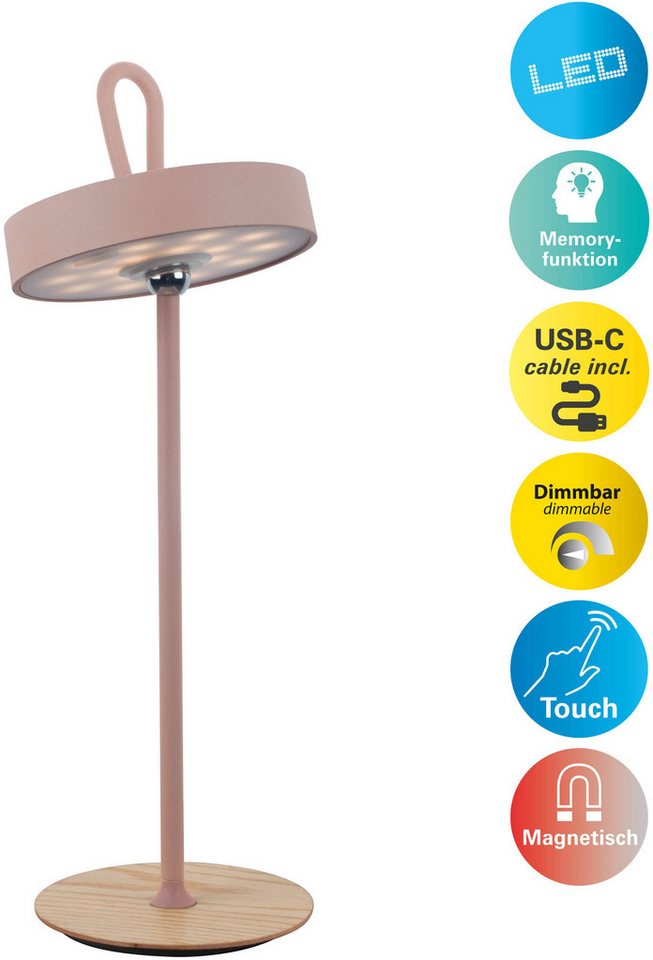 OTTO home LED Tischleuchte Ellvra mit Holzfuß, abnehmbares Kopfteil als Hängeleuchte verwendbar, Dimmfunktion, LED fest integriert, Warmweiß, aufladbar, inkl Akku + USB Kabel, Kopfteil magnetisch, abnehmbar, Holz Bild 2