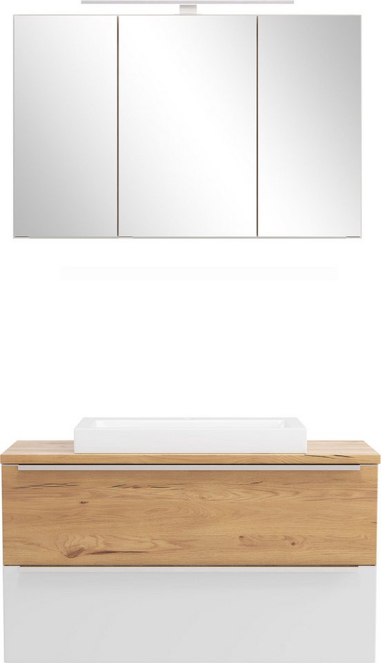 welltime Badmöbel-Set TRIENT, Set: Spiegelschrank und Waschtisch, (2-St., Maße (B/H/T): ca. 100/200/47 cm), matt weiß/wildeiche, LED-Aufbauleuchte, 2tlg. Waschtisch-Set