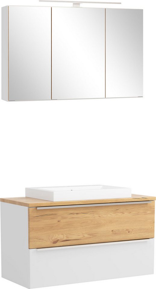 welltime Badmöbel-Set TRIENT, Set: Spiegelschrank und Waschtisch, (2-St., Maße (B/H/T): ca. 100/200/47 cm), matt weiß/wildeiche, LED-Aufbauleuchte, 2tlg. Waschtisch-Set Bild 2