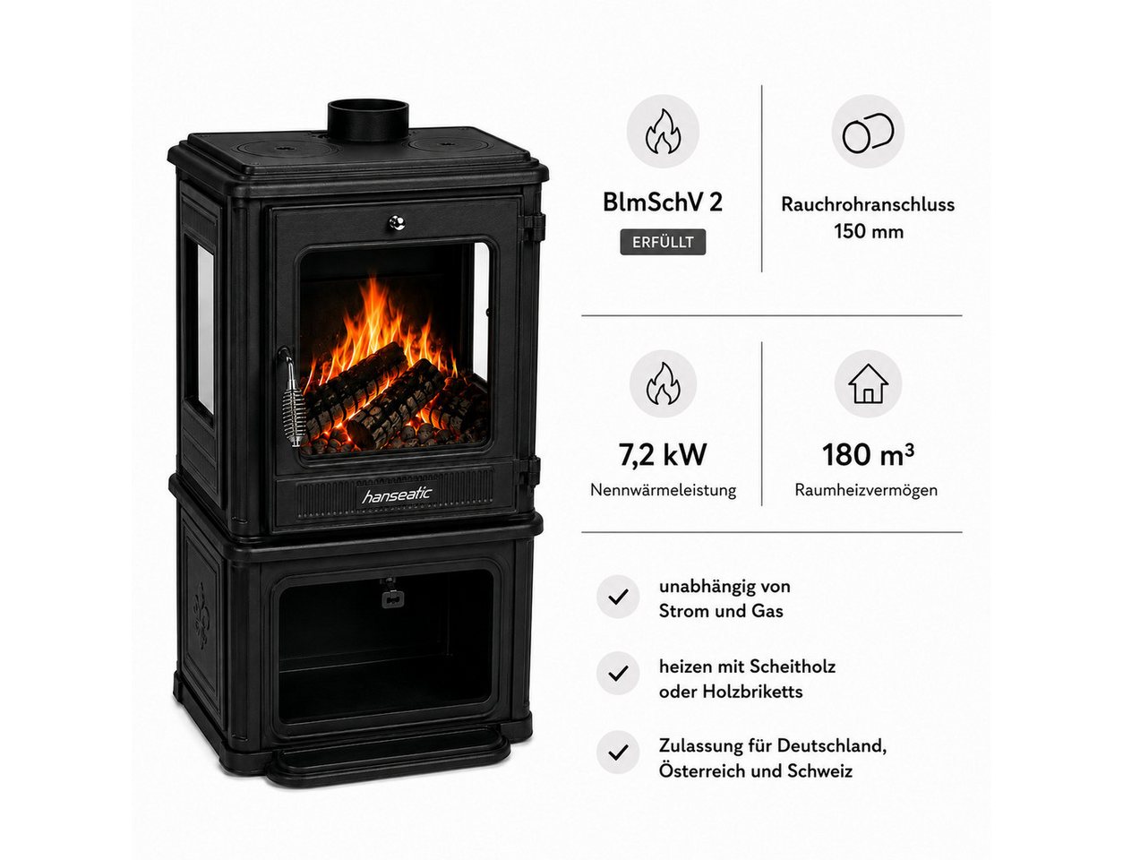 Hanseatic Kaminofen Mars, 3 Scheiben Gussofen, Lieferung bis ins Wohnzimmer, 7,2 kW, Zeitbrand, Großer Feuerraum
