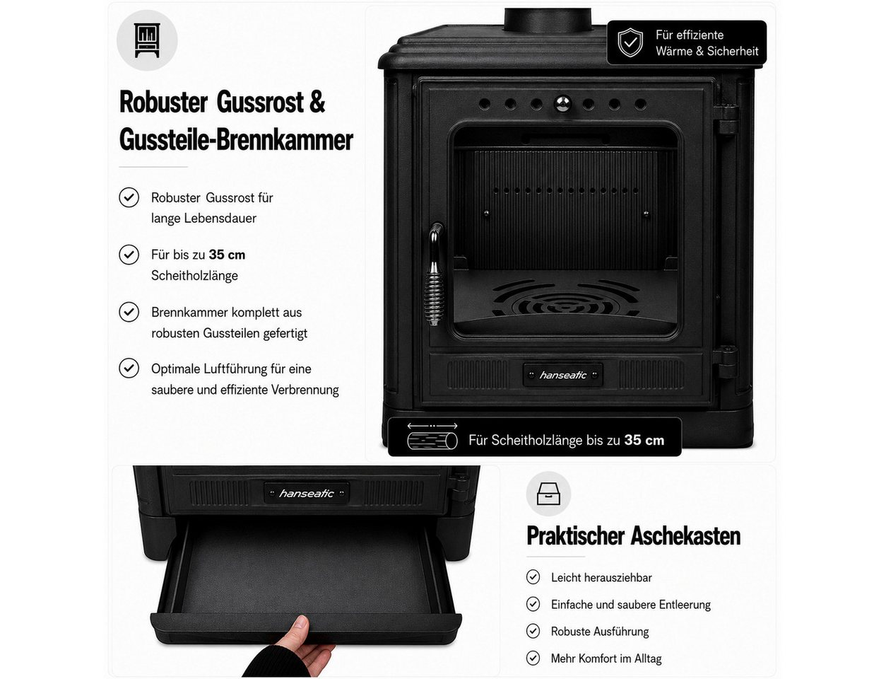 Hanseatic Kaminofen Mars, 3 Scheiben Gussofen, Lieferung bis ins Wohnzimmer, 7,2 kW, Zeitbrand, Großer Feuerraum Bild 5