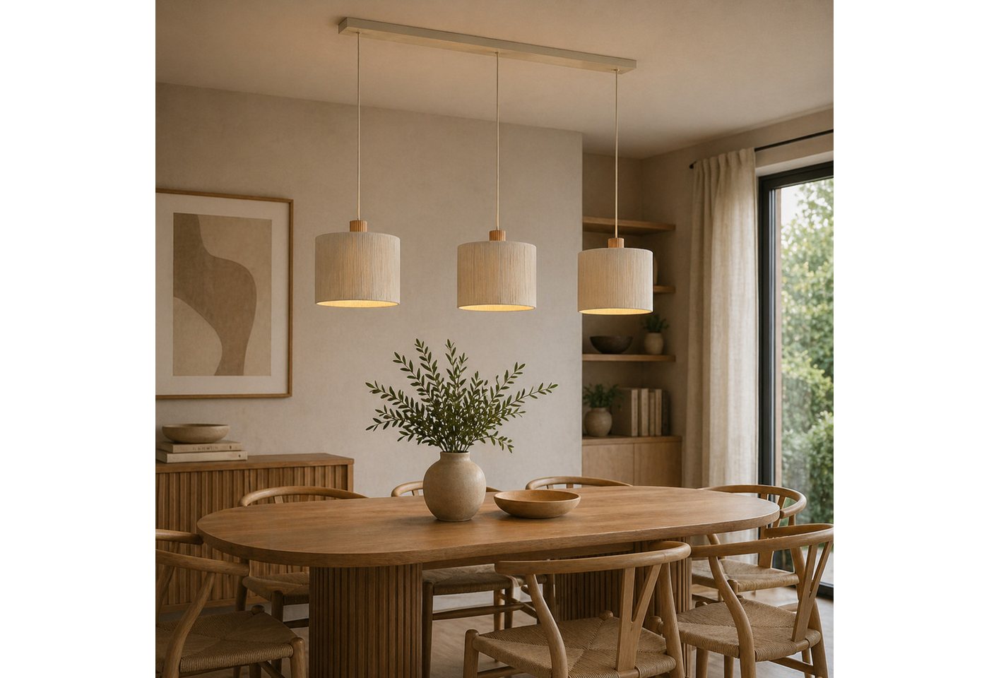 Brilliant Pendelleuchte Arlo, ohne Leuchtmittel, 3x E27 Fassung, 120 x 28 x 150 cm, kürzbar, Metall/Holz/Textil, beige Bild 5