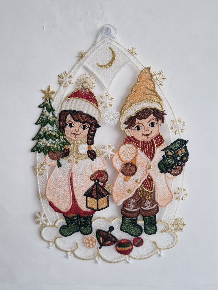 Stickereien Plauen Fensterbild Fensterbild Winterkinder, echte Plauener Stickerei