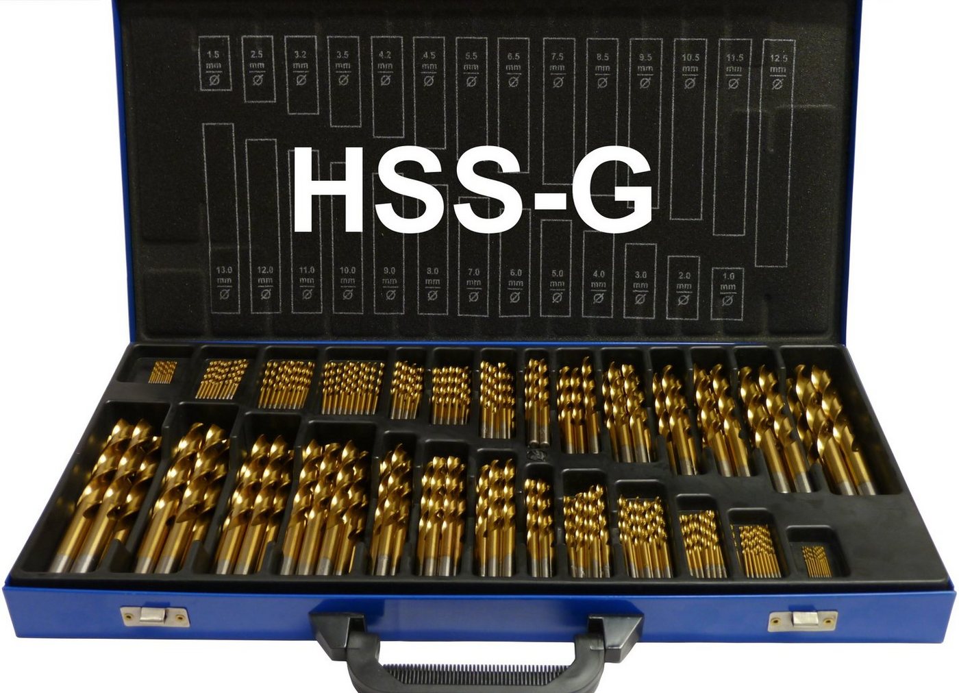 PeTools Metallbohrer Spiral-Bohrer 230 tlg. HSS-G 1-13mm TiN (500) Kreuzschliff DIN1412C, (230-tlg), HSS-G Qualität, titannitridbeschichtet, Kreuzanschliff nach DIN1412C Bild 2