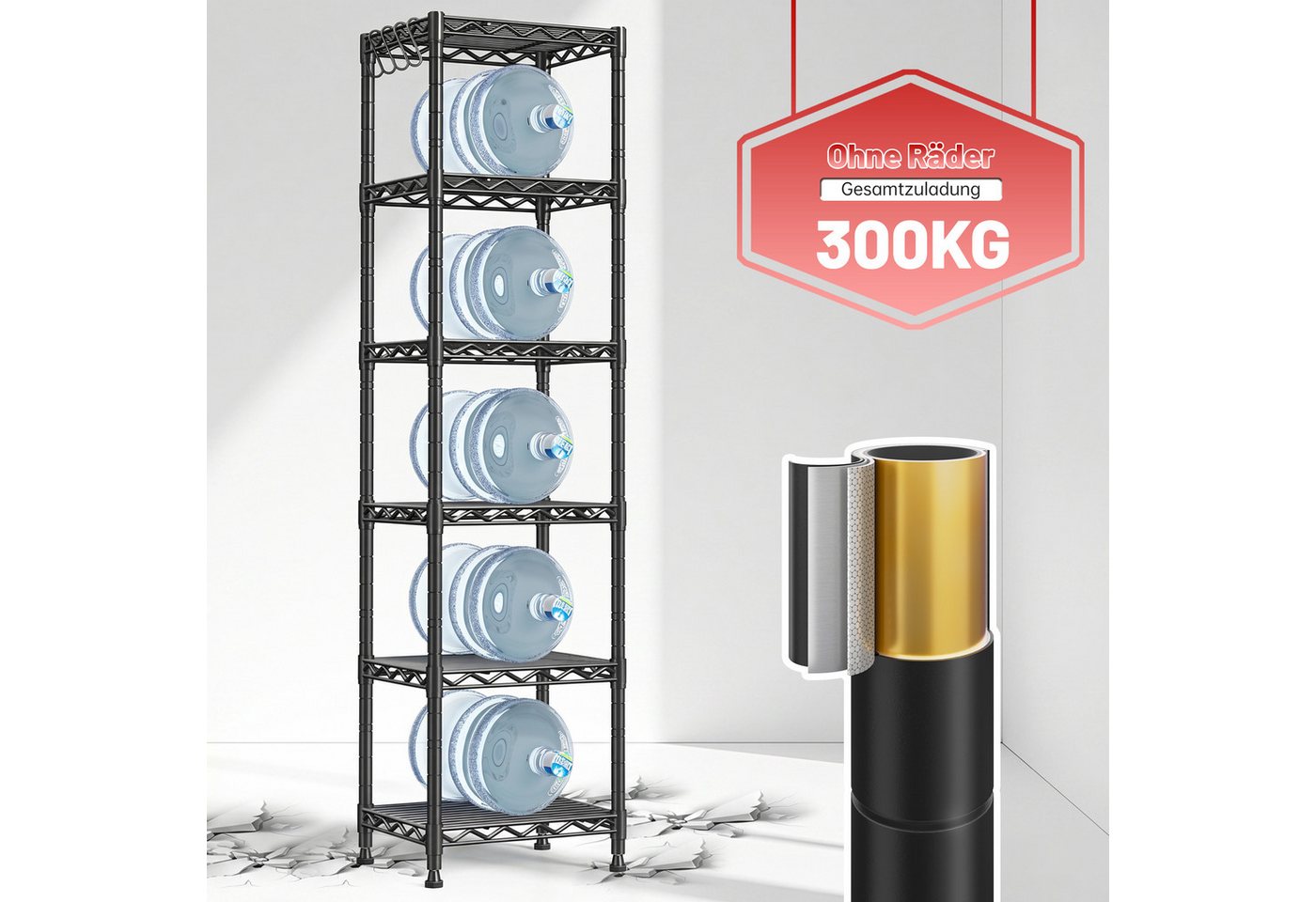 Klyvvo Regal Metall Regal für Küche, Vorratsregal für Küchenutensilien, Aufbewahrung von Werkzeugen, Küche, Garderobe, Garage 1-tlg., auf 6 Adjustierbar Regalböden, Maximalgewicht 300kg, Schwarz Bild 3
