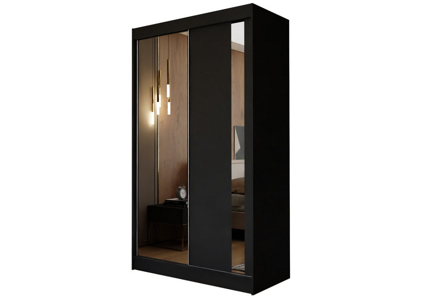 Masseno Schwebetürenschrank GRAZIA 120 cm Kleiderschrank mit Spiegel 2 Türen Schwarz