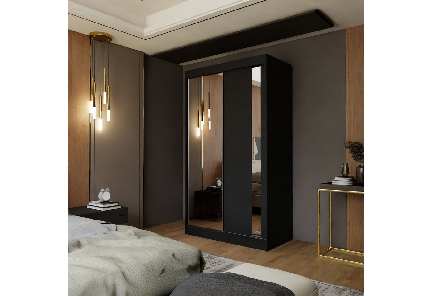 Masseno Schwebetürenschrank GRAZIA 120 cm Kleiderschrank mit Spiegel 2 Türen Schwarz Bild 2