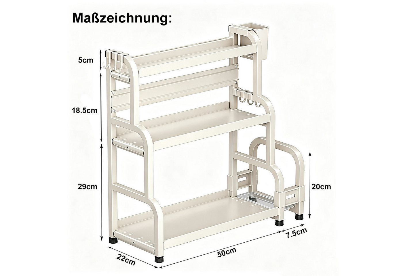 devesanter Gewürzregal Dreistöckiges Küchen-Gewürzregal mit 6 Haken, 57,5x22x52,5cm, 1-tlg., multifunktionaler Küchenorganizer in weiß aus Metall Bild 3