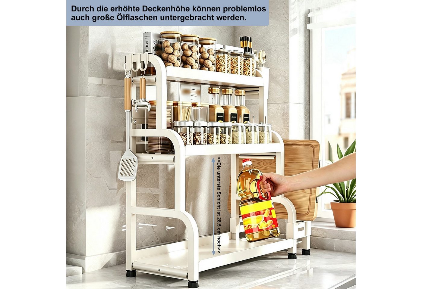 devesanter Gewürzregal Dreistöckiges Küchen-Gewürzregal mit 6 Haken, 57,5x22x52,5cm, 1-tlg., multifunktionaler Küchenorganizer in weiß aus Metall Bild 5