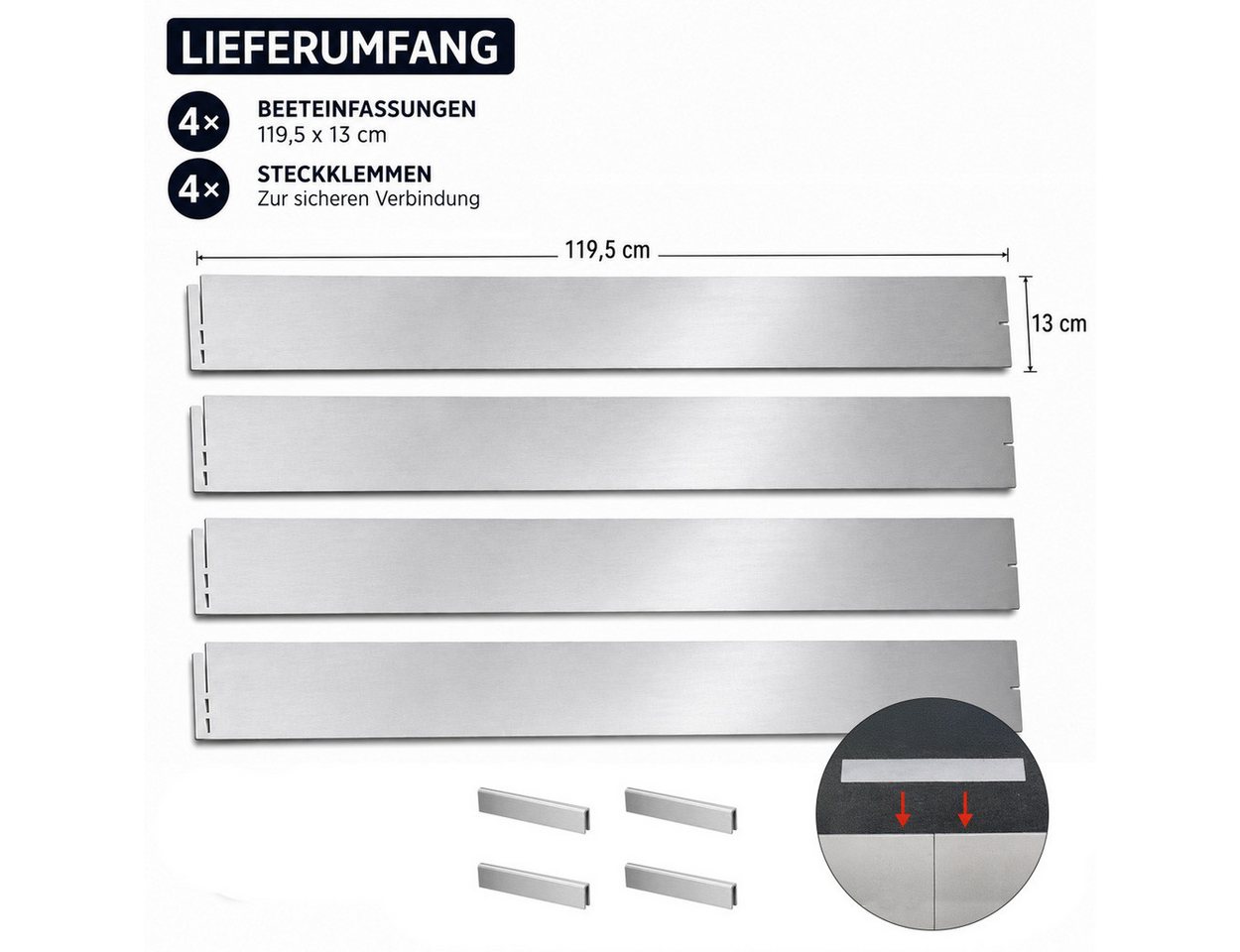 PEDEA Rasenkante GARDENLINE Rasenkanten 4 Stück aus verzinktem Stahl ca. 4,72 m, 4x 119,5 x 13 cm für Beete, Rasen und Wege