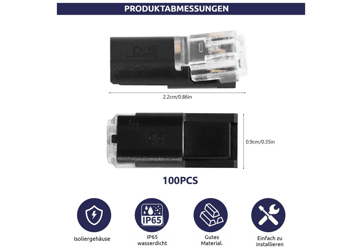BlingBin Kabelverbinder-Sortiment 100 Stück 2‑polige Kabelsteckverbinder, wasserdicht hitzebeständig, 100er Set, 100-tlg., 100 Stück 2-Polig Kabel Steckverbinder Stecker, für 18‑24 AWG LED‑Streifen Verlängerungskabel Bild 3