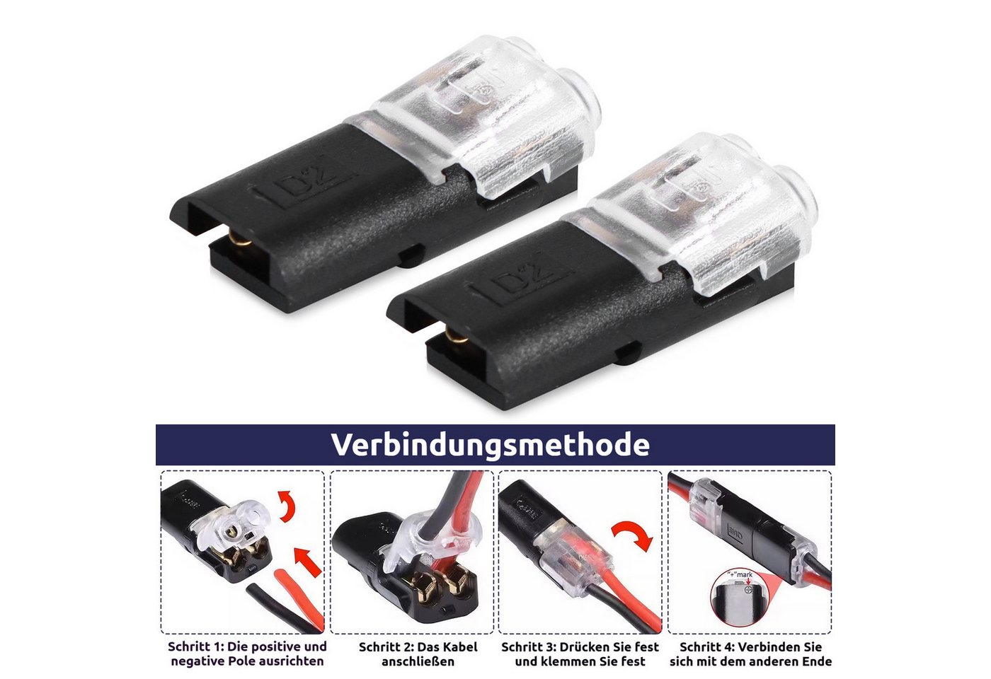 BlingBin Kabelverbinder-Sortiment 100 Stück 2‑polige Kabelsteckverbinder, wasserdicht hitzebeständig, 100er Set, 100-tlg., 100 Stück 2-Polig Kabel Steckverbinder Stecker, für 18‑24 AWG LED‑Streifen Verlängerungskabel Bild 4