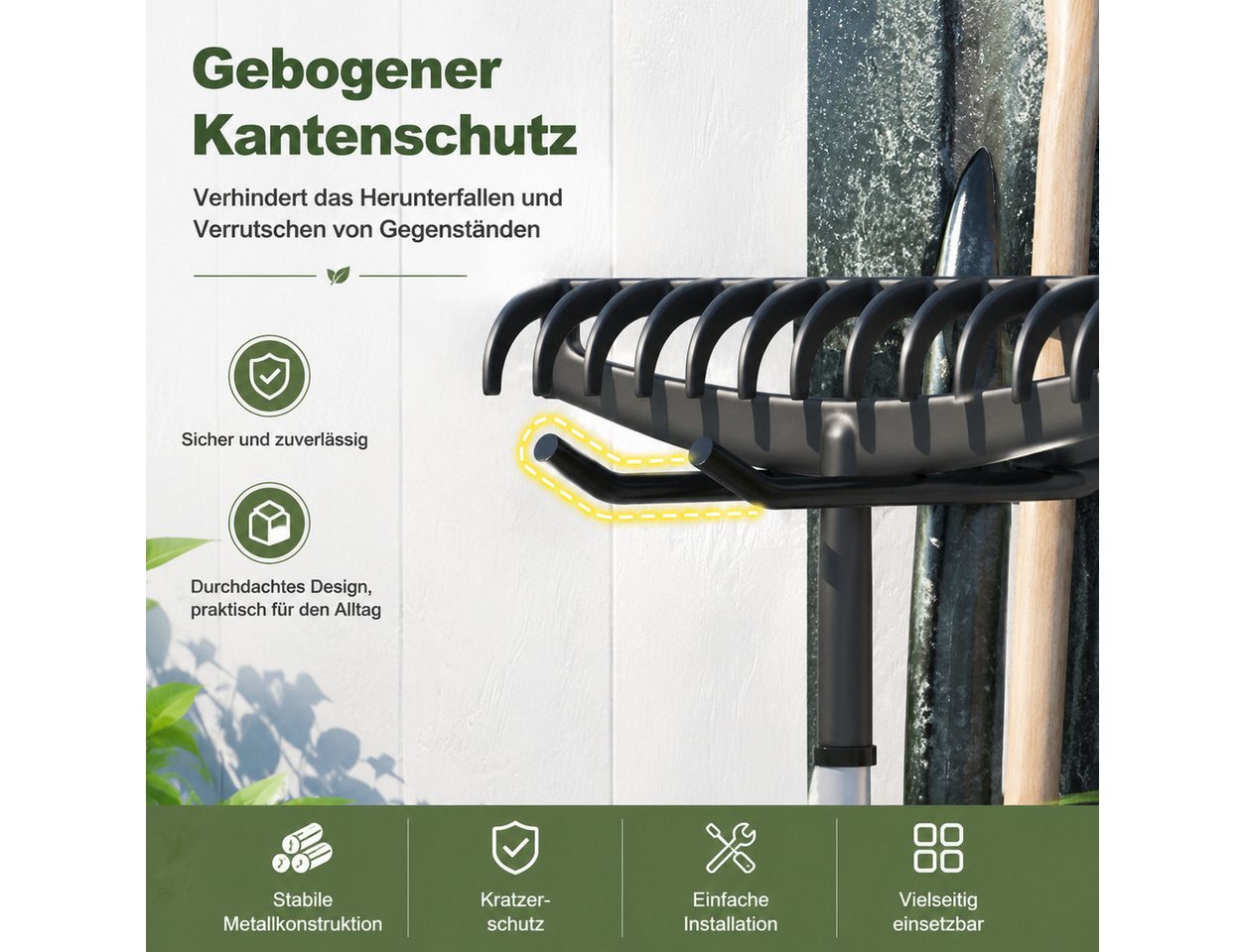 Fyrove Gartengerätehalter Besenhalter, Gartenwerkzeughalter für lange Geräte, (Aufbewahrungshalter für Schaufeln, Rechen, Garage und Gartenhaus, 25 × 7 × 10 cm, Stahl, Doppelarm, Schraubmontage, Schutzkappen)