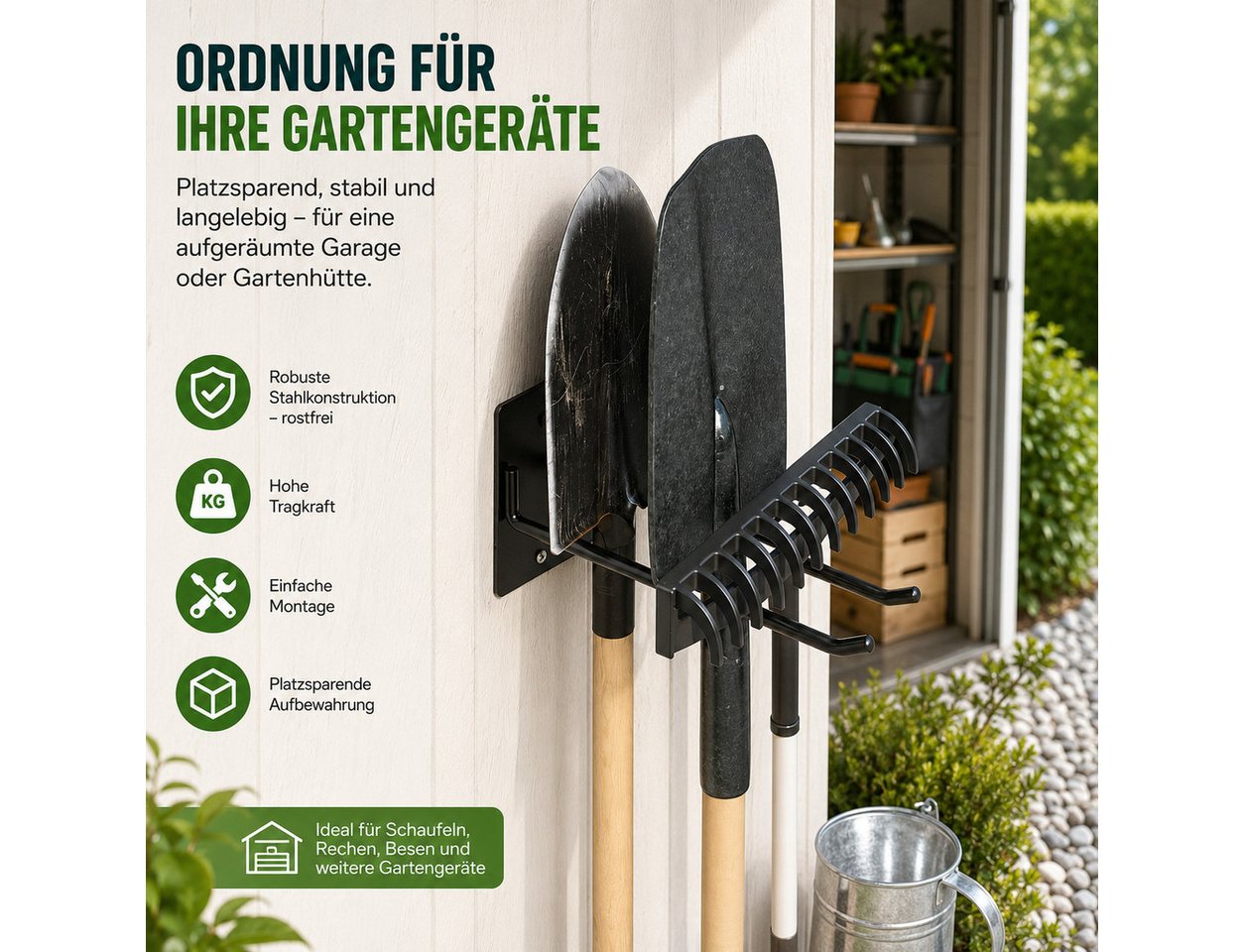 Fyrove Gartengerätehalter Besenhalter, Gartenwerkzeughalter für lange Geräte, (Aufbewahrungshalter für Schaufeln, Rechen, Garage und Gartenhaus, 25 × 7 × 10 cm, Stahl, Doppelarm, Schraubmontage, Schutzkappen) Bild 3