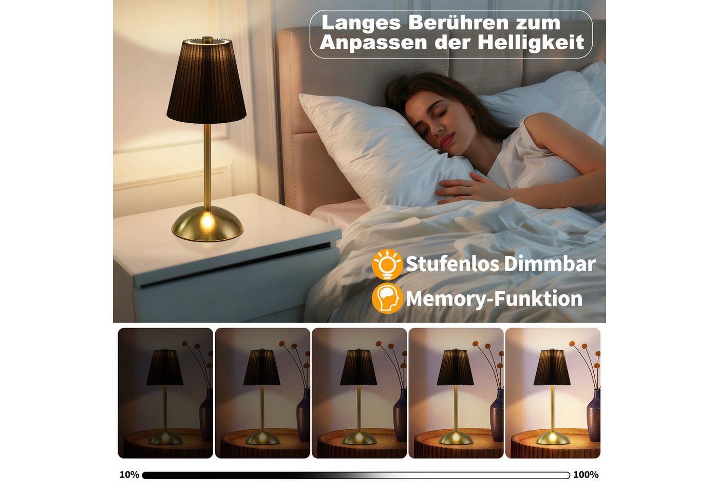 Nettlife LED Tischleuchte Nachttischleuchte 2er Stoff Schwarz/Grün/Weiß/Orange/Graublau, 3 Lichtfarben, Schlafzimmer Wohnzimmer Arbeitszimmer Büros Eingangsbereiche Bild 3