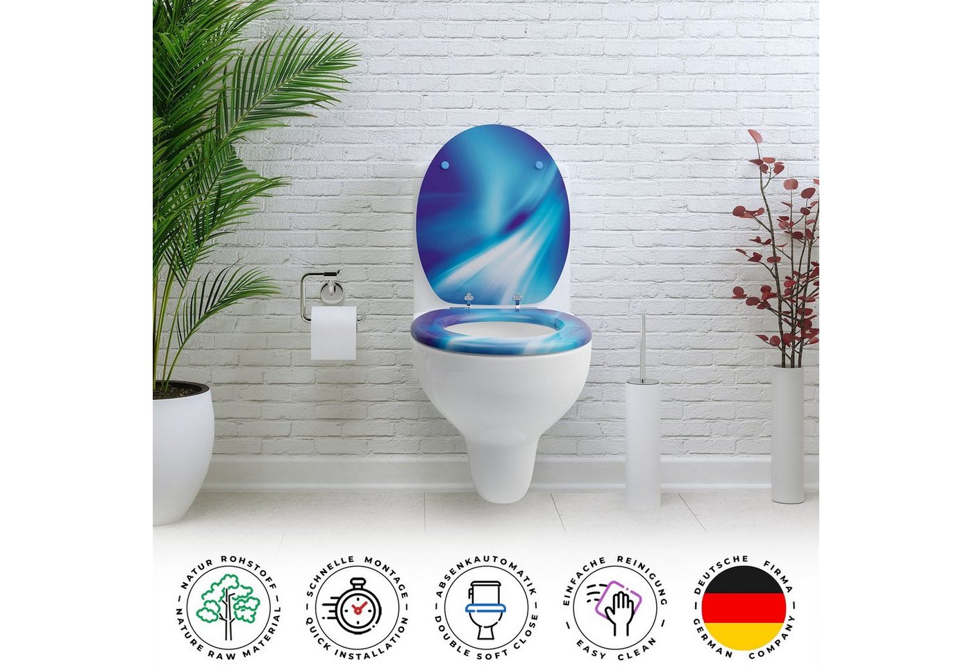 Sanfino WC-Sitz "Wave" Premium Toilettendeckel mit Absenkautomatik aus Holz, mit schönem blauem Motiv, hohem Sitzkomfort, einfache Montage