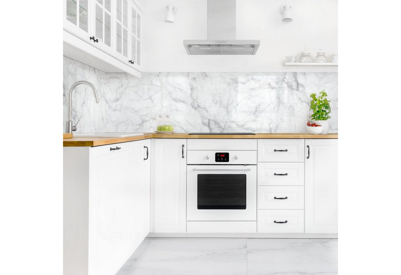 Bilderdepot24 Küchenrückwand weiß dekor 3D-Optik Muster Steinoptik Bianco Carrara, (1-tlg., Nischenrückwand - für Fliesenspiegel ohne Bohren - matt), Spritzschutz Rückwand Küche Herd - Folie selbstklebend versch. Größen Bild 2