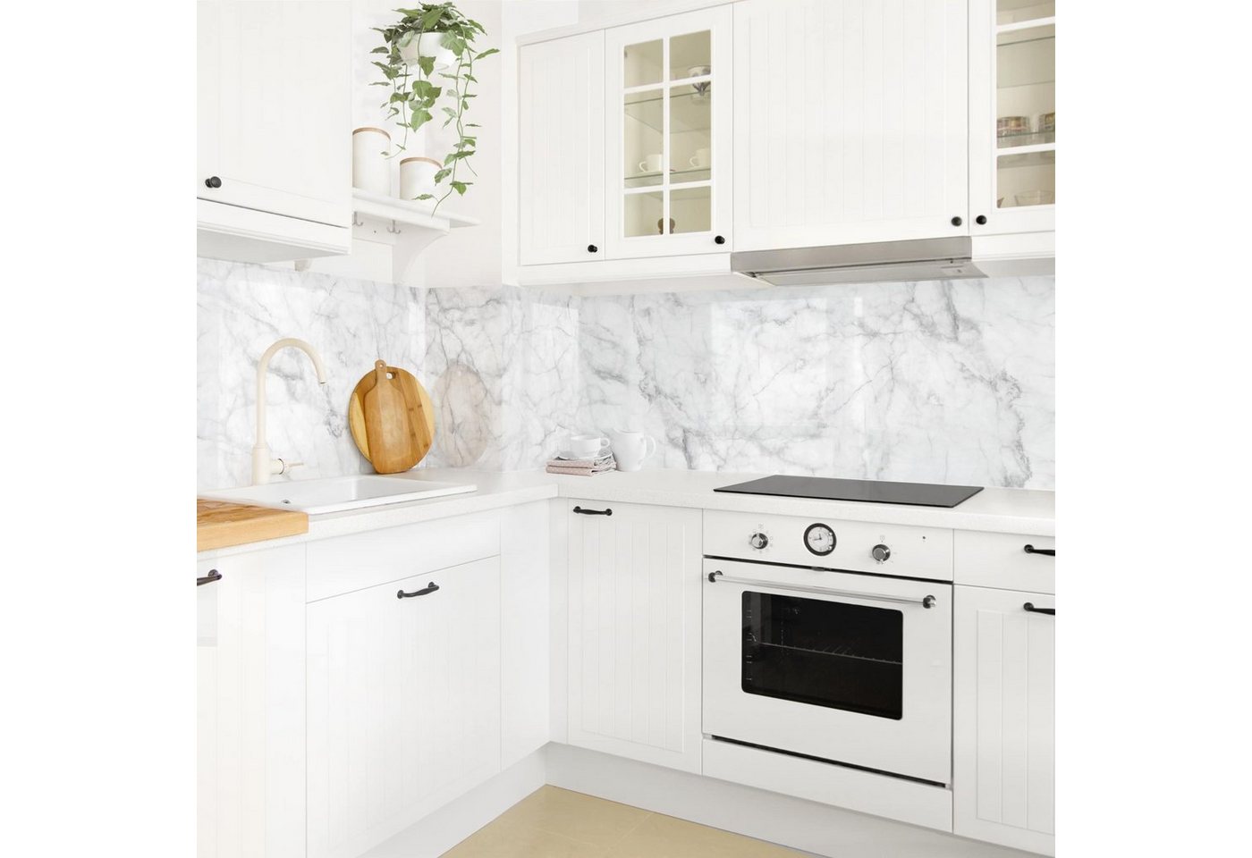 Bilderdepot24 Küchenrückwand weiß dekor 3D-Optik Muster Steinoptik Bianco Carrara, (1-tlg., Nischenrückwand - für Fliesenspiegel ohne Bohren - matt), Spritzschutz Rückwand Küche Herd - Folie selbstklebend versch. Größen Bild 4