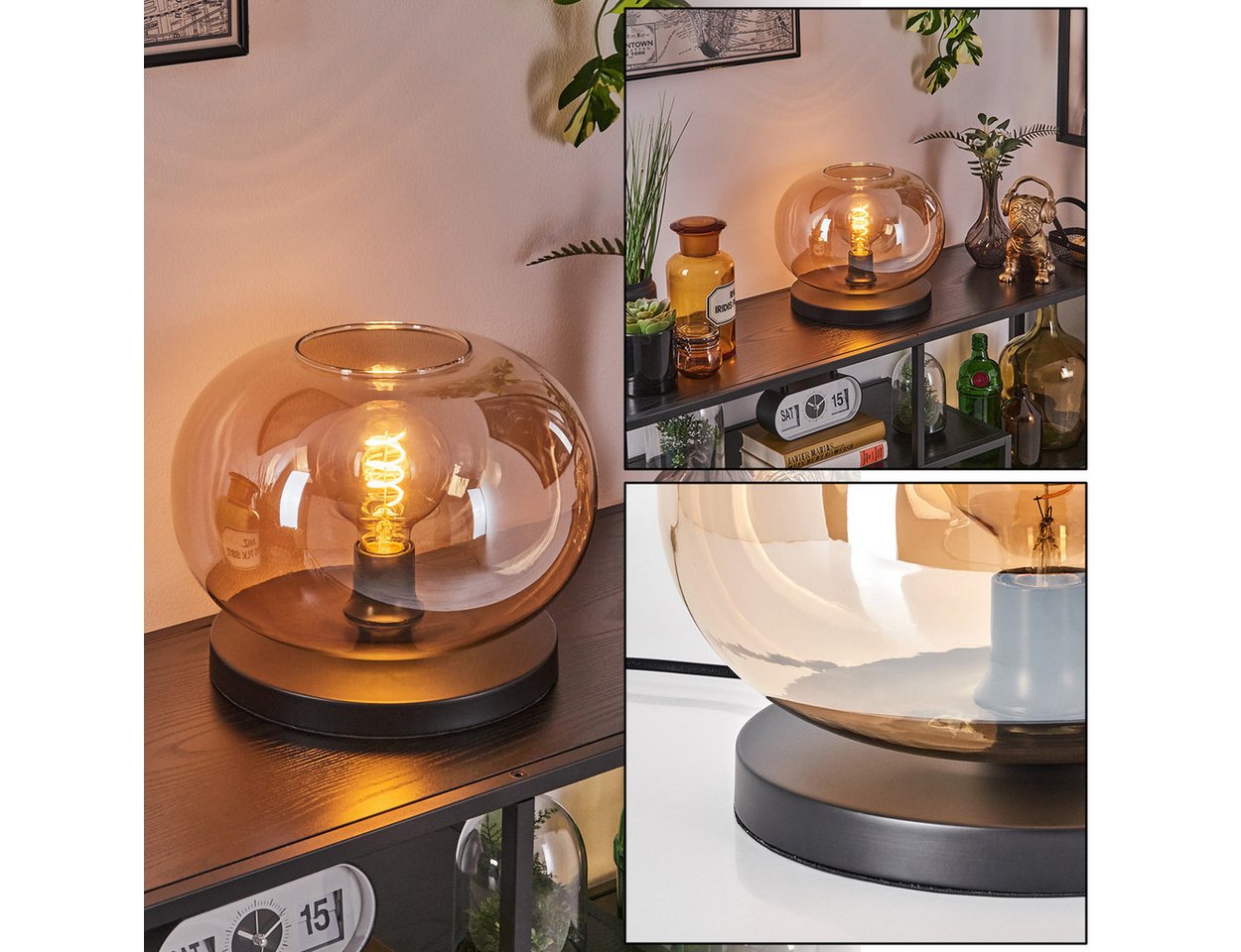 hofstein Tischleuchte Tischlampe aus Metall/Glas in Schwarz/Bernsteinfarben, ohne Leuchtmittel, mit Glasschrim(30cm), Schalter am Kabel, 1 x E27, ohne Leuchtmittel Bild 2