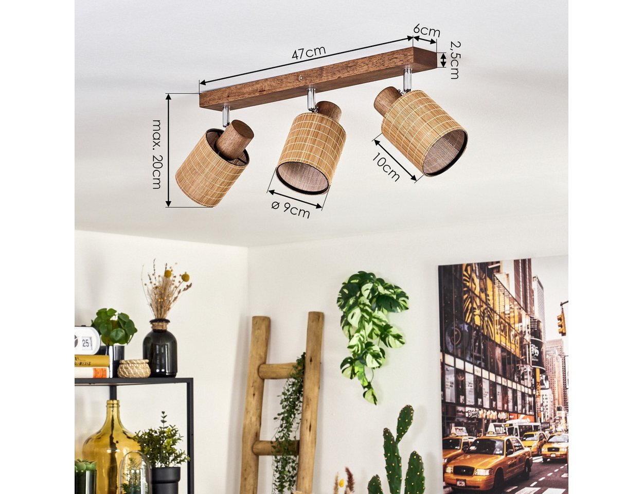 hofstein Deckenleuchte Deckenlampe aus Holz/Metall/Bambus in Dunkelbraun/Chromfarben/Natur, ohne Leuchtmittel, mit verstellbaren Strahlern, 3 x E14, ohne Leuchtmittel Bild 2