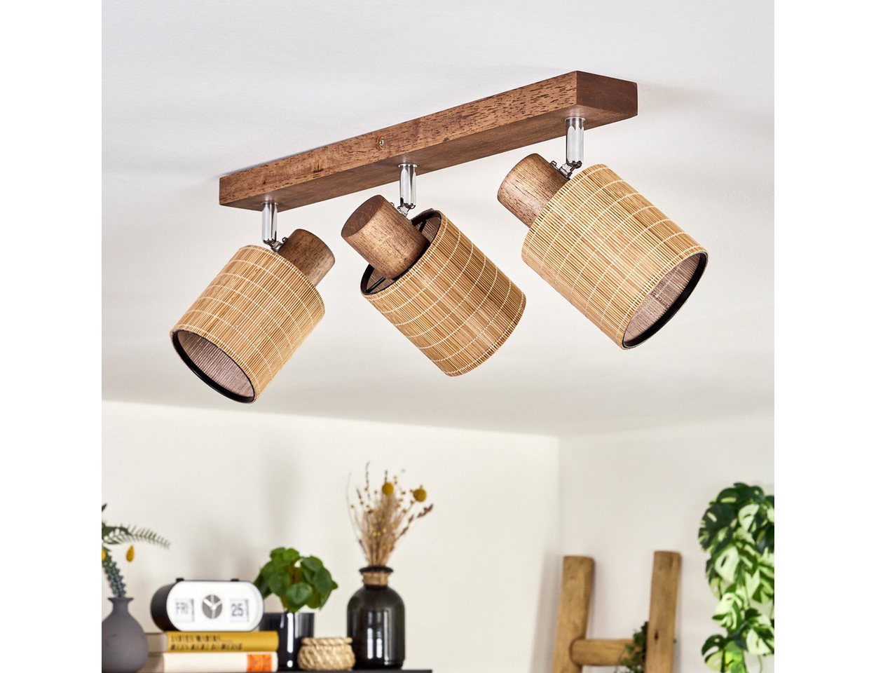 hofstein Deckenleuchte Deckenlampe aus Holz/Metall/Bambus in Dunkelbraun/Chromfarben/Natur, ohne Leuchtmittel, mit verstellbaren Strahlern, 3 x E14, ohne Leuchtmittel Bild 4